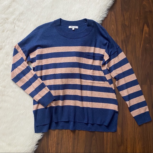 Madewell Lightweight Pocket Pullover Sweater in Stripe Navy - Picture 2 of 7